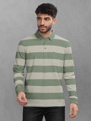 BULLMER Striped Textured Printed Polo Neck Fullsleeve T-Shirt with Rib for Men_Sea Green_Medium 2