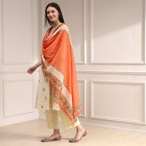 Biba Women Beige Cotton A-Line Printed Kurta Set_34 3
