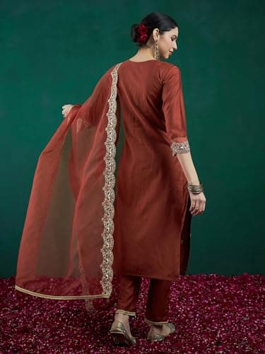 INDO ERA Women's Rayon Viscose Embroidered Straight Kurta & Pant with Dupatta Set (Rust_KH1RT9579_Large) 4