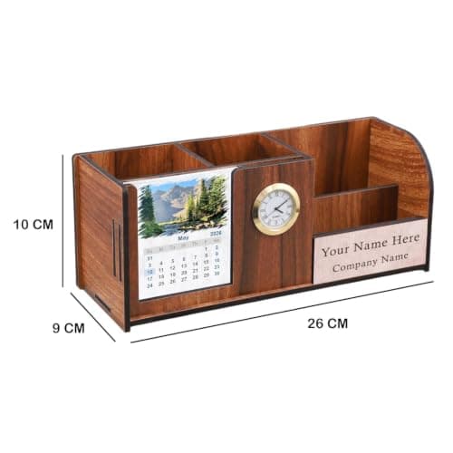Deskart Personalized Pen Holder Stand with Clock, Two Years Calendar, Business Visiting Card & Mobile Holder | Multipurpose Desk Organizer with Name Engraving for Office Desk and Gifting 4