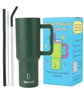 House of Quirk 1200ML Stainless Steel Tumbler with Handle & Lid, 2 Straws – Large Travel Mug Water Cup for Gym, Office & Outdoor Use (Hunter Green)