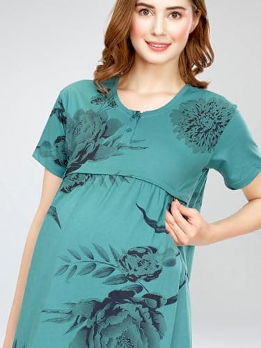 ZEYO Women's Cotton Sea Green Night Dress Floral Printed Maternity & Feeding Short Nighty Night Gown 5808 2