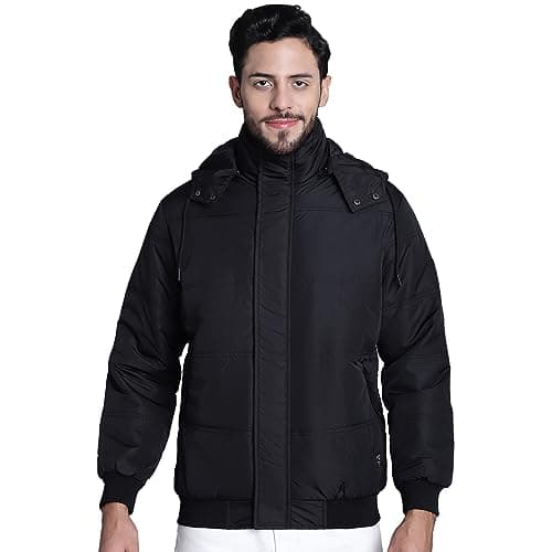 Cantabil Solid Black Full Sleeves Hooded Neck Regular Fit Mens Casual Jacket | Casual Winter Jackets for Men | Detachable Hoodie| Mens Hooded Jackets for Winter Wear (MJKT00166_BLACK_XL)