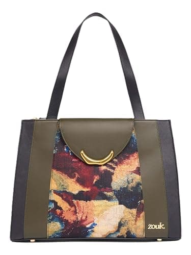 ZOUK Women's Riva Office Bag | Dual-toned Vegan Leather Tote Bag | Fits 14-Inch Laptop | 3-Compartment Divided Interior | Back Zipper Pocket | Trolley Sleeve | India-Inspired Print