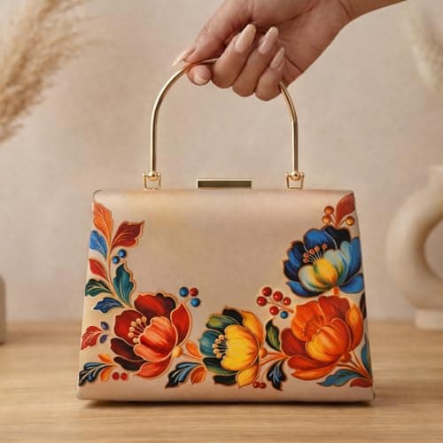 Artklim Printed Gold Floral Embellished Embroidery Clutch Bag for Women with Handle & Detachable Chain Strap | Designer Wedding Festive Evening Handbag 4