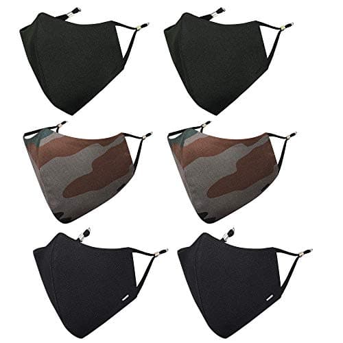 MASQ By Q-One Camouflage 4 Layer, Reusable, with Ear Adjusters, Anti-Bacterial (BFE>99%) Cotton Cloth Face Mask for Men, Boys (Large, Black-Green-Camouflage, Pack of 6), Without Valve