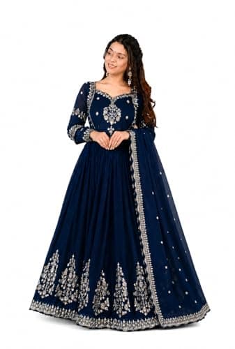 Miss Ethnic Hub's Traditional Anarkali Gown with Dupatta Set with Golden jari Embroidered Details, Long Sleeves for Women (in, Alpha, M, Regular, Navy Blue)