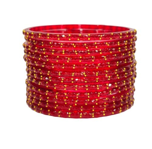 Tanush Women's Plain And Glossy Finished Raindrop Glass Bangles Set Premium Textured Shining Bangles With Bead Detailing Traditional Ethnic Chudi For Daily Wear Party Festive Use Set Of 12 Pcs (Red, 2 2