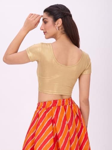 Plus Size Round Neck Stretchable Shimmer Blouse Gold Short Sleeve 2