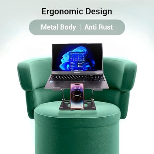 ZEBRONICS NS3500, Foldable Laptop Stand, with Mobile Stand, Upto 17 inch Compatible, Multi-Angle Adjustment, Anti-Slip Silicone Pads, Carbon Steel Body, Anti-Rust, for Laptop, Smartphones and Tablets 2