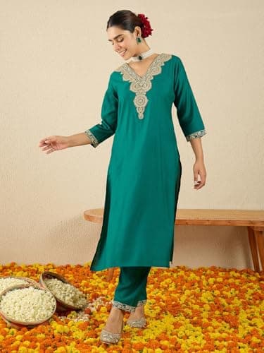 INDO ERA Women's Cotton Blend Yoke Embroidered Straight Fit Kurta & Pant Set (Green_IESTR11588_XX-Large) 3