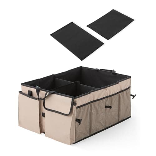 Amazon Basics Car Boot Organizer with 3 Large Compartments & 8 Mesh Pockets | Foldable 600D Oxford Storage Box with Lid & Securing Straps (Beige, 58×43×27 cm)
