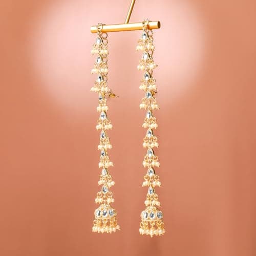 Rubans 18K Gold-Plated White Kundan & Glossy Pearl Beaded Long Jhumka Earring Extension for Women – Ideal for Bridal & Festive Styling 4