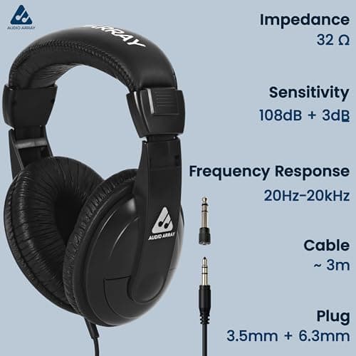 Audio Array Studio Monitoring Headphones | AH-45-BK Overhead Headphones, 40mm Deep Bass Closed-Back, 20–20kHz, 32Ω, 100dB SPL, 3m OFC Cable, Dual Adapter - Black 4