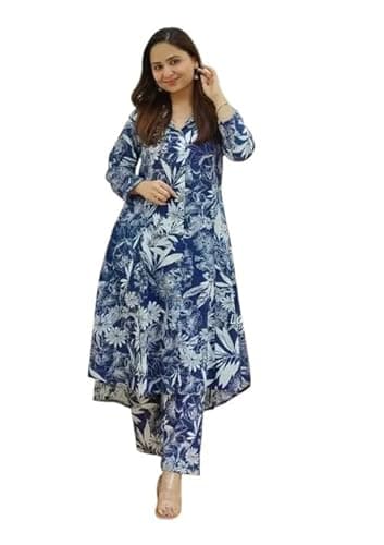 Cotton Co-ord Set for Women, 2 Piece Kurta Set, Kurta with Pant (in, Alpha, 2XL, Blue)