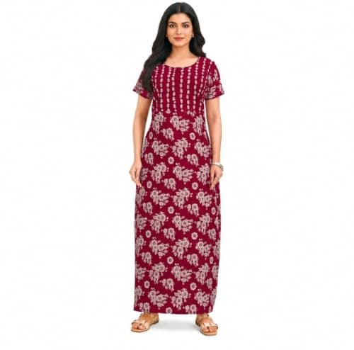 Cotton Nighty for Women | Stylish Maxi Length Night Gown | Soft & Comfortable Nightwear with Pocket | Available in L to 3XL (Wine Bouquet, 3XL)