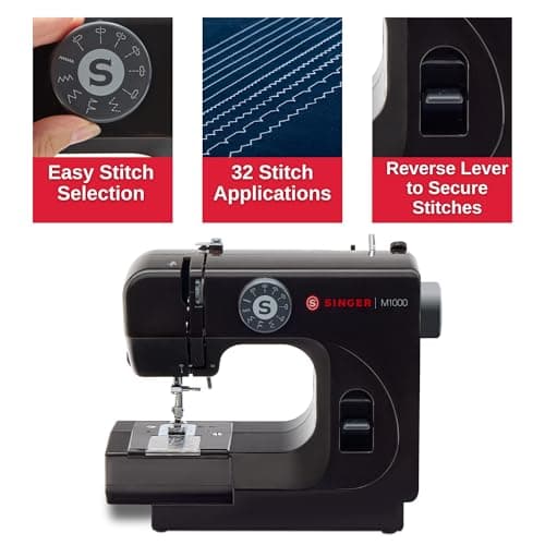 SINGER M1000 Mending Machine | Compact, Lightweight & Portable With 32 Stitch Applications & LED Light | Great for Light to Medium Weight Fabrics & Repairs - Black 4