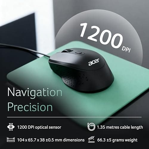 Acer OfficeMate Wired Keyboard Mouse Combo | Full Size 104 Keys Keyboard with Multimedia Keys | 1200 DPI Optical Mouse | USB Plug & Play | Silent Typing | Ergonomic Design | Windows Compatible I Black 5