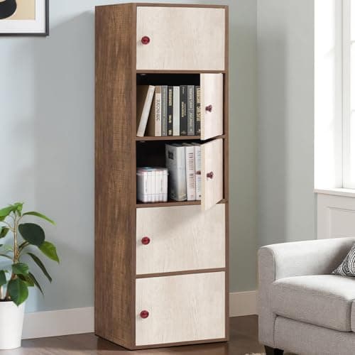 ABOUT SPACE Wooden Book Rack - 5 Tier Storage Cabinet for Living Room with Magnetic Door, Space Saving Book Self for Home, Engineered Wood Cabinet (Walnut - L 38 x B 38.5 x H 165.5 cm)