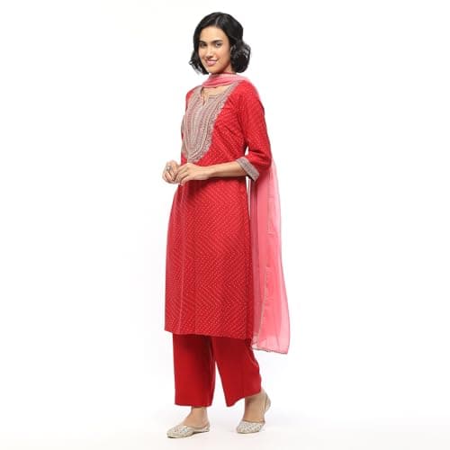 BIBA Women's Cherry Red Rayon Straight Suit Set_40 3