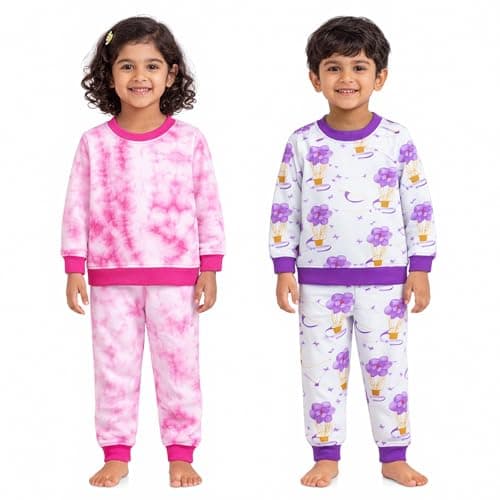 VParents Bamboo 100% Cotton Baby and Kids Cotton Printed Pyjama Set Printed Nightwear Sleepwear Trendy Nightsuit Set for Boys and Girls Kids -Baloon and Rose Combo (6-8 Years) Pack of 2