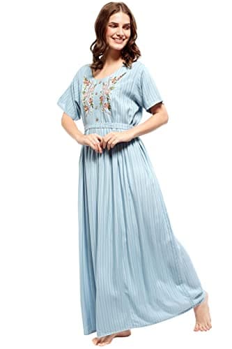 ZEYO Women's Rayon Light Blue Floral Embroidery Ghera Nightwear Set Night Gown 5683,Large 4