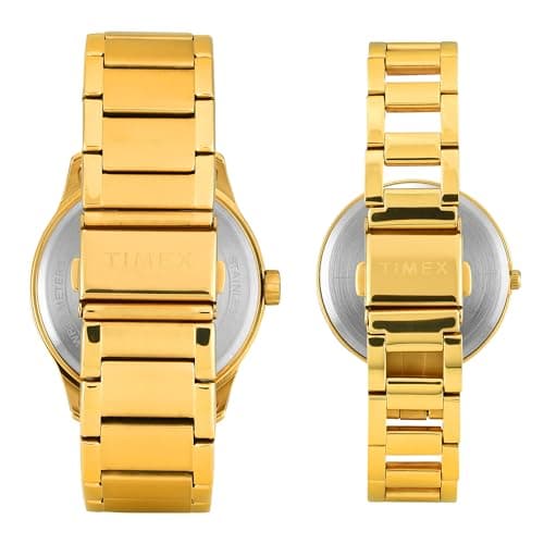 TIMEX Analog Watch for Couple with Green Round Dial & Gold Stainless Steel Bracelet Band Water Resistant Pair's Wrist Watches - TW00PR339 5