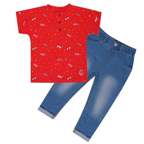 oye bubbly Baby Clothing Set (Red, 6–9 Months) – Soft Cotton Half Sleeve T-Shirt & Denim Jean Pant | Unisex Casual Wear for Boys & Girls | Newborn Outfit Combo
