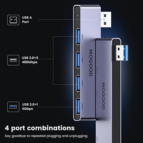 MOGOOD USB Hub For Laptop,USB Hub 3.0 USB Splitter Ultra-Slim Data USB Hub [Charging Not Supported] Multi USB Port Expander Adapter Station For Laptop,Windows PC,Mac,Printer,Flash Drive,Mobile HDD 3