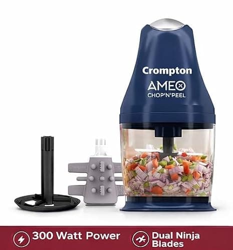 Crompton Ameo Chop'N'Peel Vegetable Chopper - 300W Motor | Twin S Shaped Ninja Food Grade Blades | 800ml See Through Food Grade Bowl | Garlic Peeler | Whisking Attachment | Easy Clean & Store 2