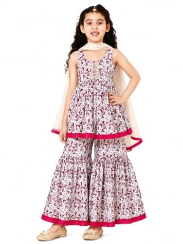 A.T.U.N. (ALL THINGS UBER NICE) Girls 100% Cotton Kurti Sharara Set with Dupatta | Traditional Ethnic Wear Outfit for Kids | Soft Breathable Printed Kurti with Comfortable Sharara Set for Girls