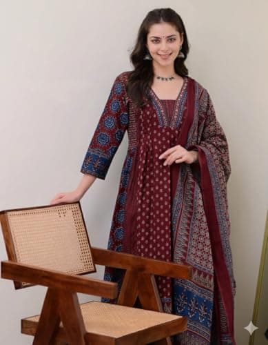 KLOSIA Women Printed Anarkali Kurta and Pant Set with Dupatta Maroon 3