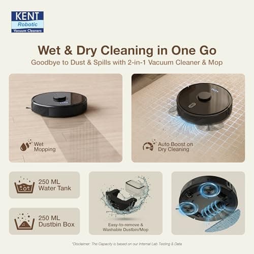 KENT RoboKlean R1 Black 2-in-1 AI Robotic Vacuum Cleaner & Mop, 8500Pa Suction, 5200mAh Battery, 3D Mapping, Laser Navigation, Wet & Dry Cleaning, 260 Minutes Run-Time, Floor & Carpet, Anti Fall 3
