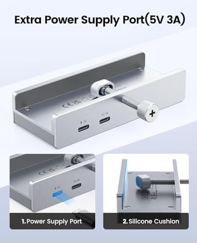 USB Hub 3.0, Clamp USB Hub with Extra Power Supply Port, Aluminum 4-Port USB Adapter with 3 USB-A Data Ports, USB-C Port for Monitors, Desks Desktops, Keyboards, Laptops, Smartphones, (MHPC 5IN 1) 4