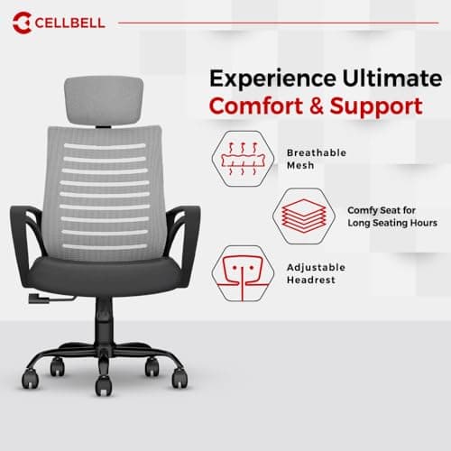 CELLBELL Desire C104 Mesh High Back Ergonomic Office Chair - Adjustable Seat Height, Sturdy Metal Base, Revolving Study & Computer Chair for Work from Home, Grey 5