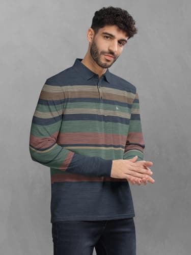 BULLMER Striped Textured Printed Polo Neck Fullsleeve T-Shirt with Rib for Men_Green_Medium 4
