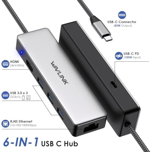 WAVLINK USB C Hub, 6-in-1 USB C Adapter for MacBook Pro/Air/Thunderbolt 3/Type C Devices, with 4K@30Hz HDMI, 3 USB 3.0, Gigabit Ethernet, 100W Power Delivery for Windows and Mac 2