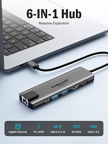 Lemorele USB C Hub with HDMI 4K@60Hz -6 in 1,with Gigabit Ethernet, 2*USB 3.0, PD 100W,3.0 Data Transfer Compatible with MacBook Air/Pro, iPad, Windows, Chromecast 2