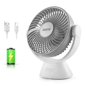 Gesto 7.8 Inch High Speed Rechargeable Table Fan for Home – USB Charging Battery Fan With Led Light | 2400mAh Battery for Upto 8 Hours Runtime | 3 Speed Modes Portable fan for Home,Office,Kitchen-Grey