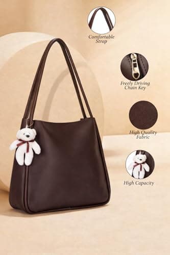 SIJJEEL Women's Handbag Synthetic Leather Shoulder Bag with Bear Charm Tote One Size Women's Shoulder Bag Faux Leather Tote (Brown) 2