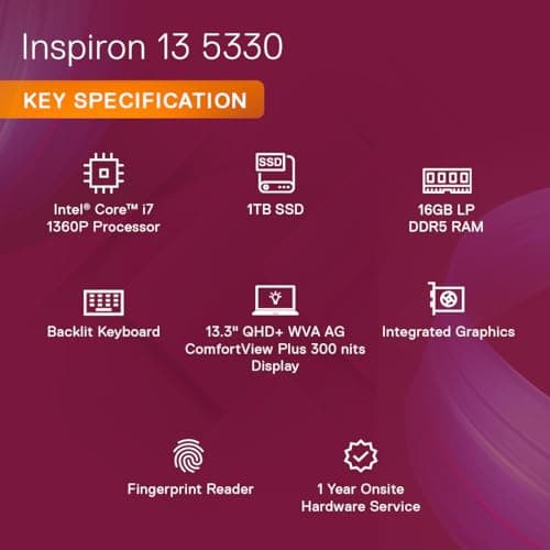 Dell Inspiron 5330 Laptop, Intel Evo Platform Powered by Intel Core i7-1360P Processor/16GB LP DDR5/1TB SSD/13.3" (33.78cm) QHD+ 300 nits/Win 11 + MSO'21/15 Month McAfee/Platinum Silver/1.24kg 2