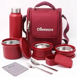 SOPL-OLIVEWARE Teso Pro Lunch Box with Steel Cutlery | 3 Microwave Safe Inner Containers with BPA Free Lids (290Ml, 450Ml, 600Ml) Plastic Pickle Box(130Ml) Steel Water Bottle(750Ml)-Maroon,600 Ml