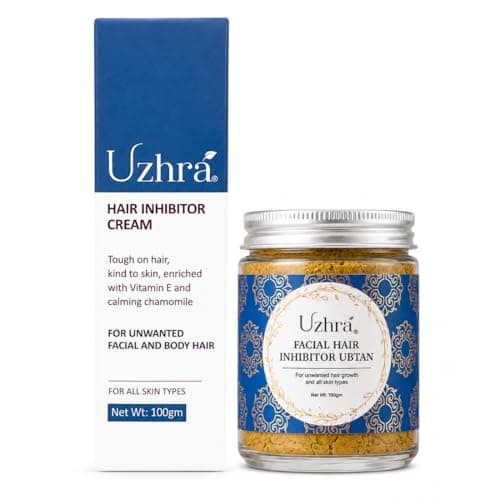 Uzhra Facial Hair Reduction Treatment for Women | Papain & Narcissus Bulb Extract Cream + Kasturi Manjal Ubtan | Slows & Reduces Facial Hair Growth | All Skin Types | 100g + 100g (Set of 2)