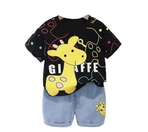 Jaganath Creations Kids Dress for Boys | Round Neck Half Sleeves Cotton Printed T shirt with Denim Shorts (Black/, 12-18 month)