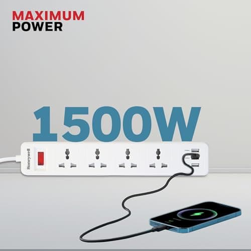 Honeywell 4 Outlet Extension Board with Master Switch, 6 Amps, 250V, 3xUSB, 4 International Sockets, Pure Copper, 6 Advanced Safety Features, 2 Mtr Power Cord, BIS Certified, 1 yr Warranty 3