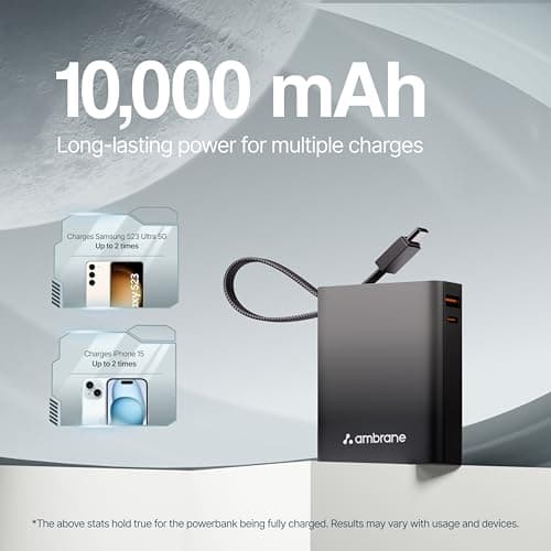 Ambrane 10000mAh Smallest Pocket Size Powerbank, Hanging InBuilt Type C Cable, 22.5W Fast Charging, Type C PD & USB Output for iPhone, Android Mobiles & Other Devices (MiniCharge 11, Black) 4
