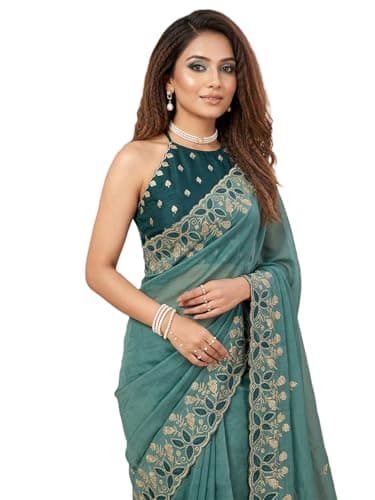 NIRLABH VIDHI Embroidered Georgette Saree for Women with Designer Blouse Piece | Soft Lightweight Fabric with Floral Thread Work Border | Traditional Saree for Festive, Wedding & Daily Wear (TEAL)