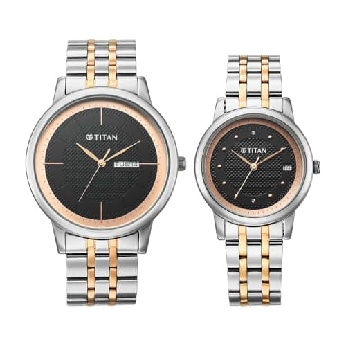 Titan Bandhan Eternal Pair Analog with Date and Black Dial Dual Tone Stainless Steel Strap Watch for Couples - 19672967KM01