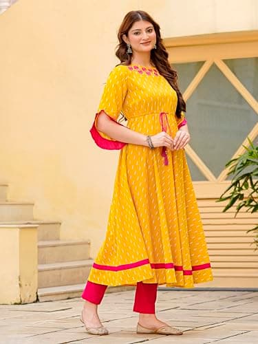 Yash Gallery Women’s Cotton Anarkali Kurta Dress | Mustard Yellow Ikat Print | Round Neck Floral Embroidery, 3/4 Ruffle Sleeves, Tie-Up Waist, Flared Maxi Length|Ethnic & Fusion Wear 3