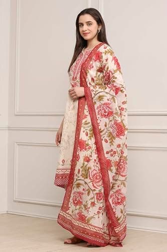 Biba Women Off-White Cotton Floral Printed Straight Suit Set_36 5